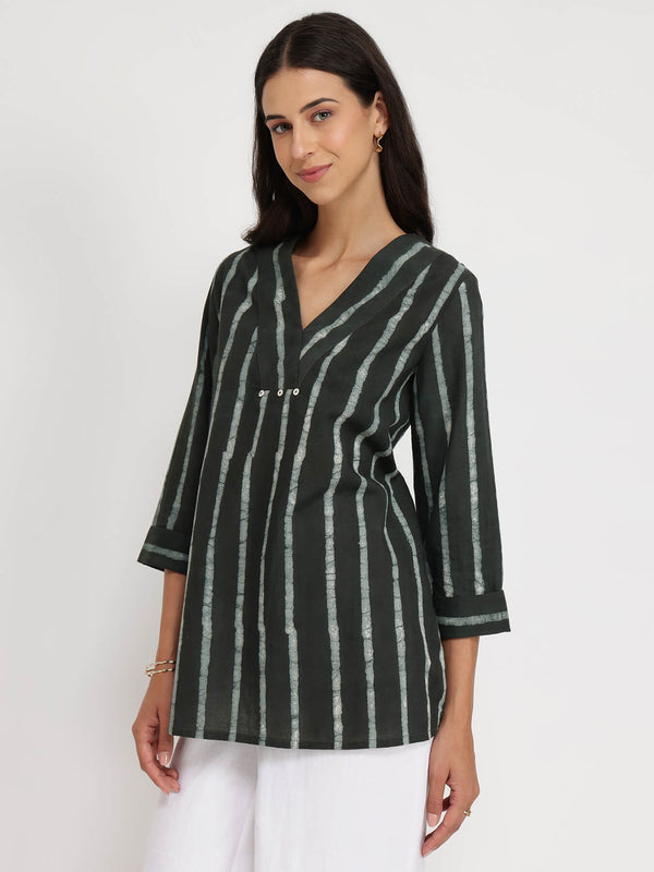 Cotton Dabu Striped Top - Black