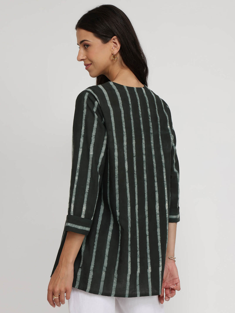 Cotton Dabu Striped Top - Black
