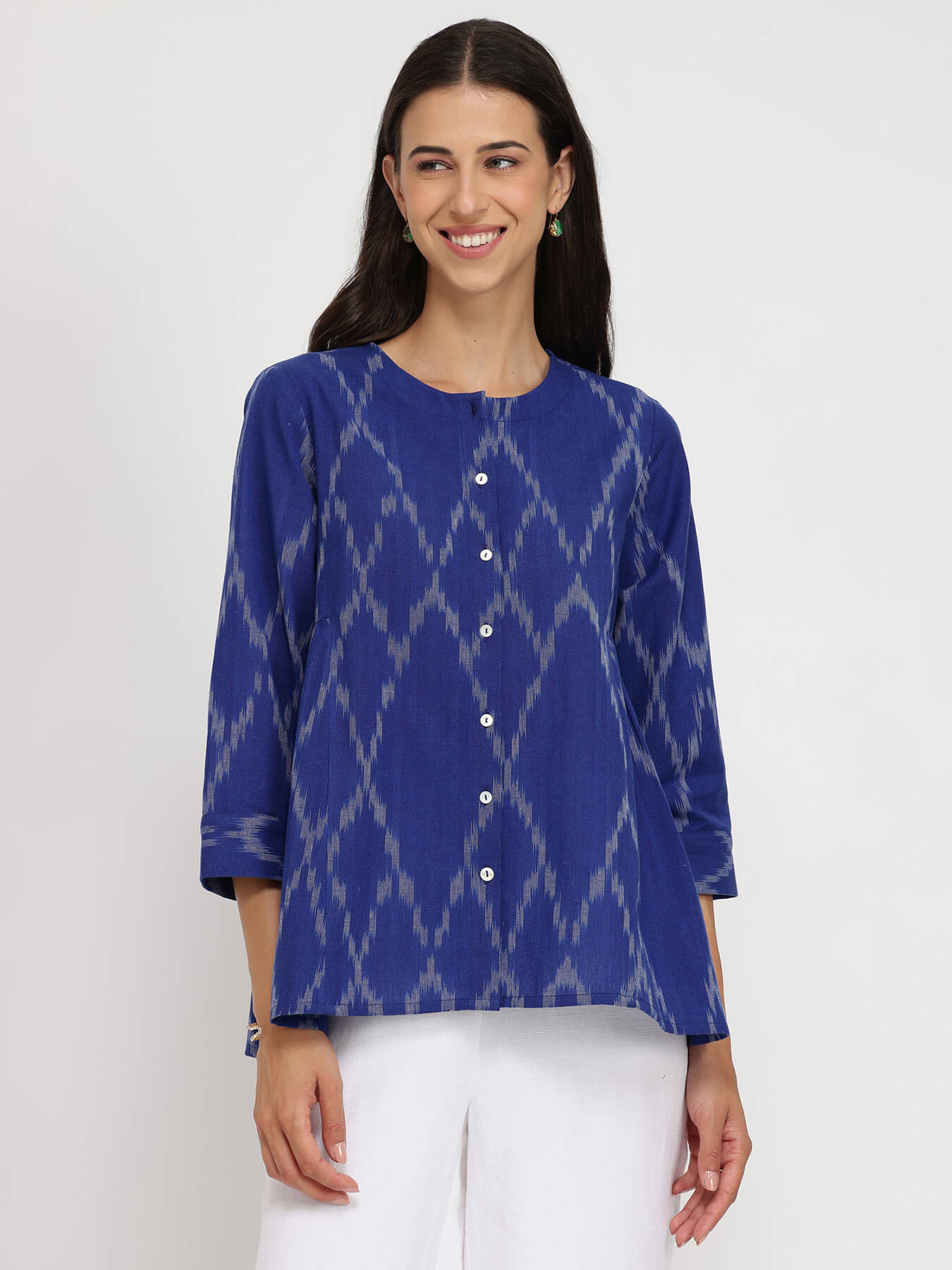 Cotton Ikat Front Placket Top - Blue