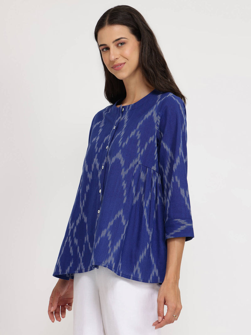 Cotton Ikat Front Placket Top - Blue