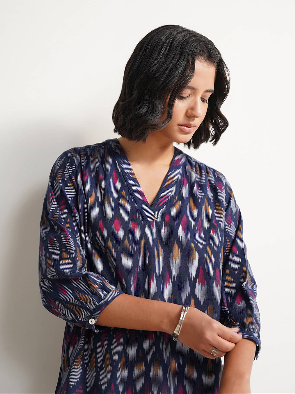 Cotton Ikat V-neck Top - Navy Blue