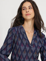 Cotton Ikat V-neck Top - Navy Blue