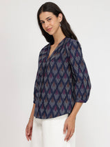 Cotton Ikat V-neck Top - Navy Blue