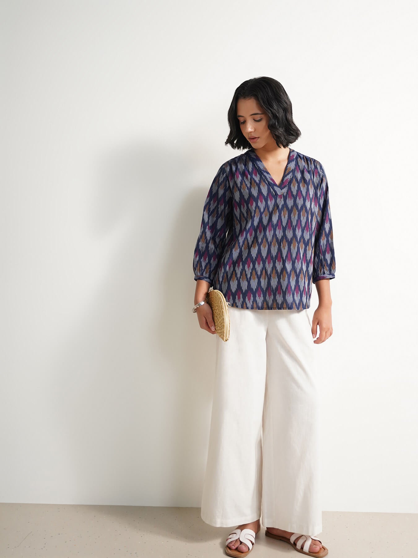 Cotton Ikat V-neck Top - Navy Blue