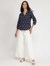 Cotton Ikat V-neck Top - Navy Blue