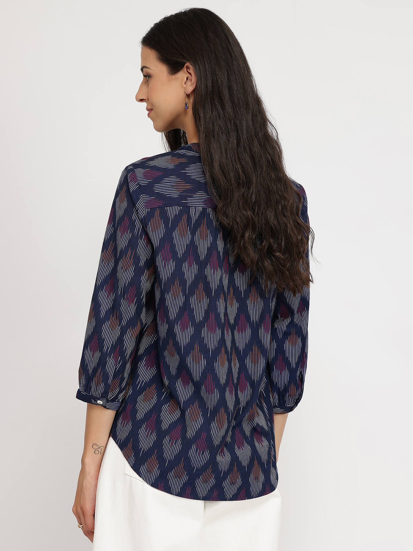 Cotton Ikat V-neck Top - Navy Blue