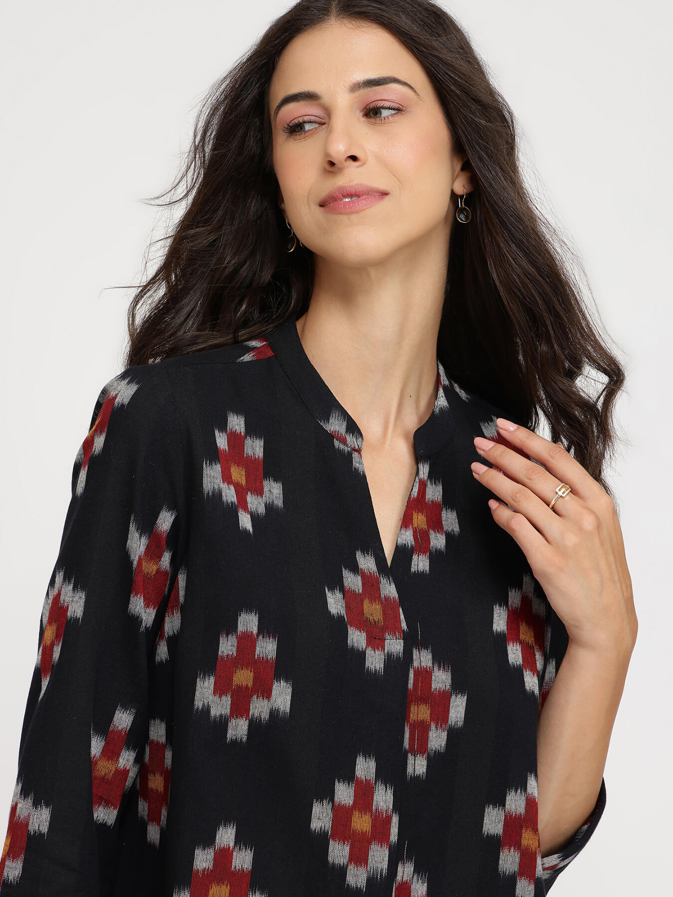 Cotton Ikat V-neck Top - Black