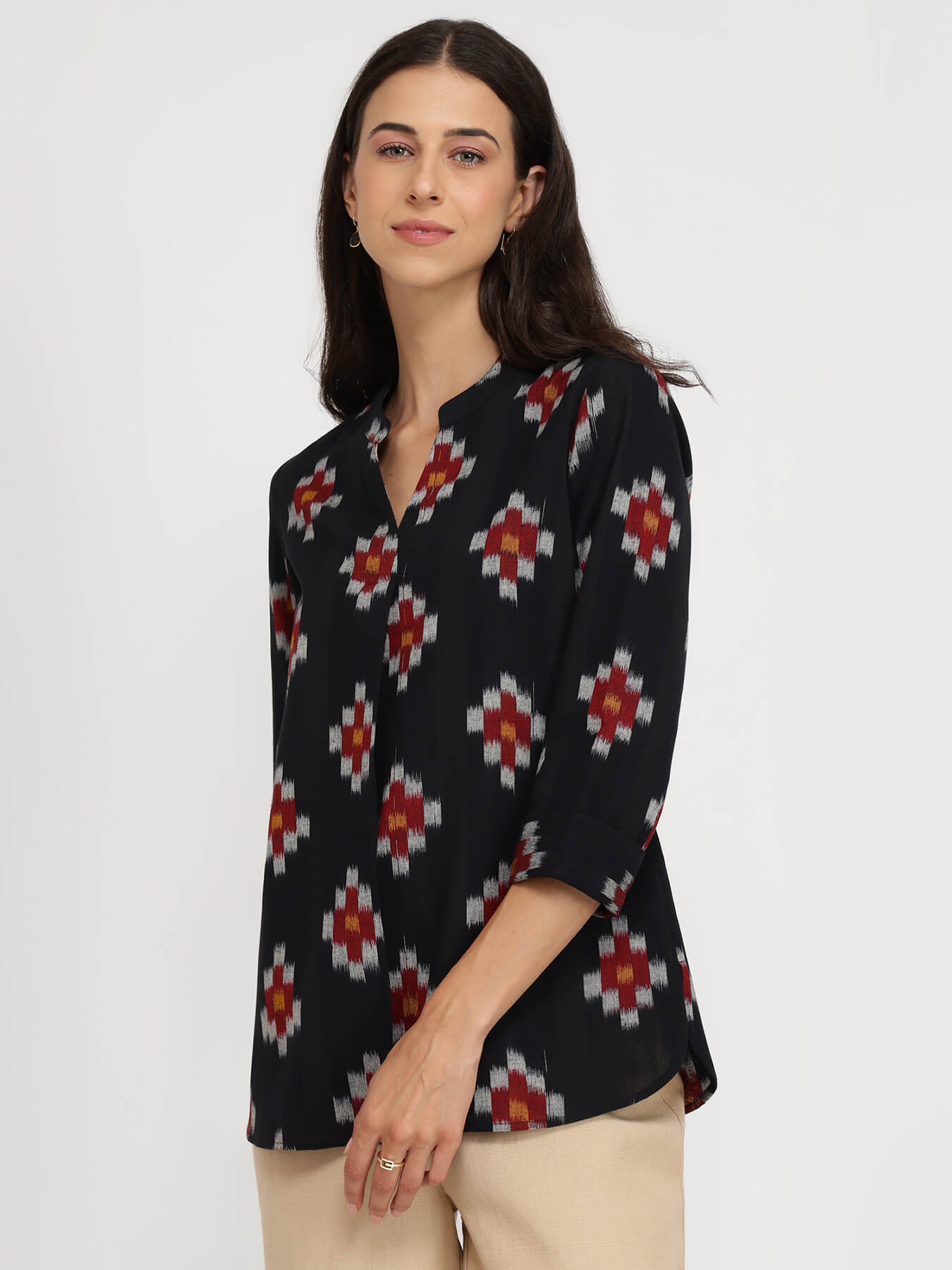 Cotton Ikat V-neck Top - Black
