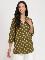 Cotton Dabu Polka Top - Olive