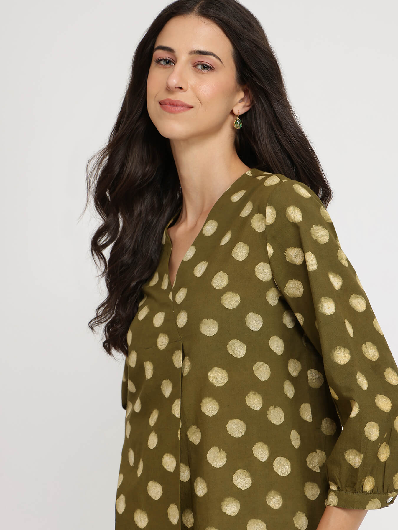 Cotton Dabu Polka Top - Olive