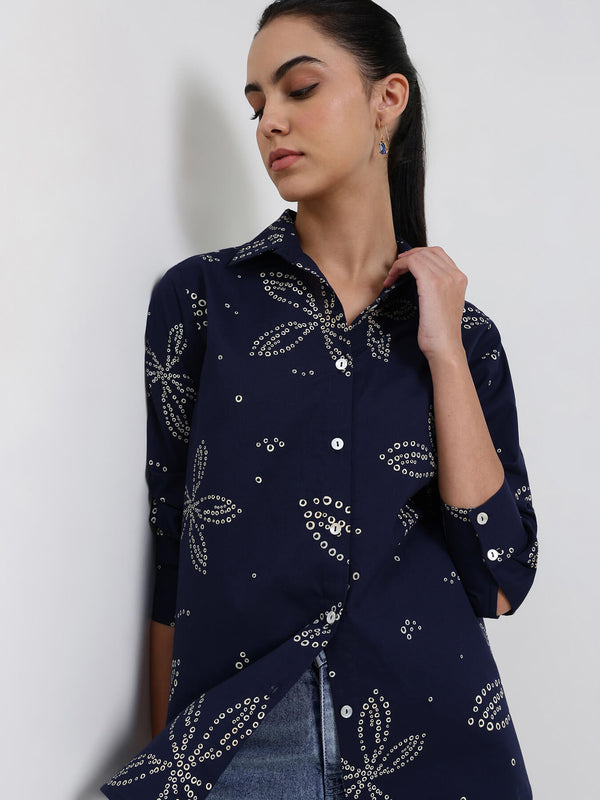 Cotton Bandhani Floral Shirt - Navy Blue