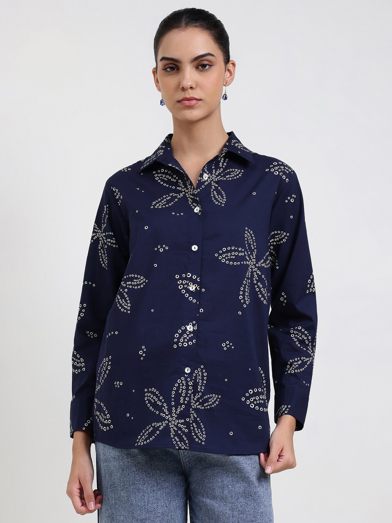 Cotton Bandhani Floral Shirt - Navy Blue