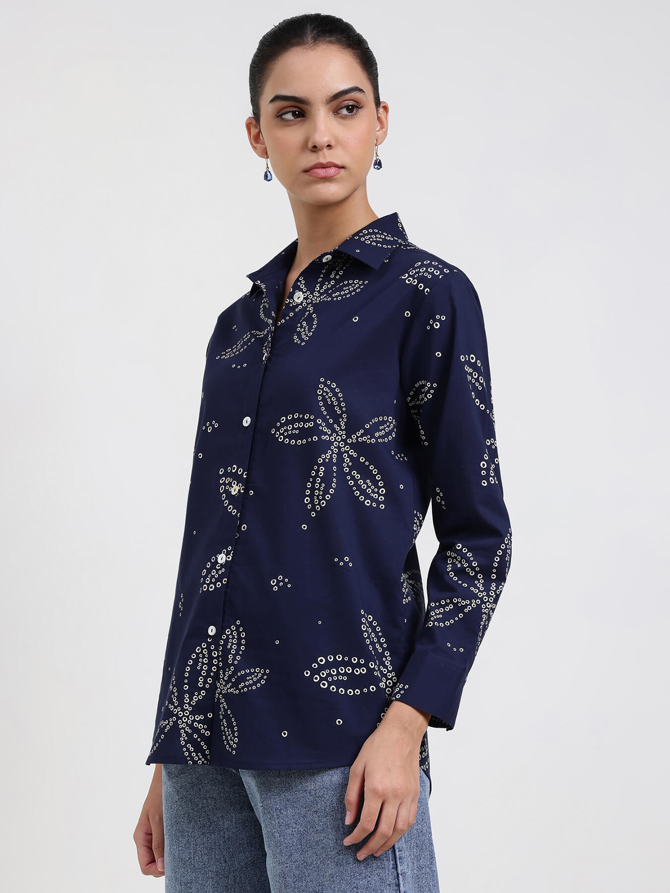 Cotton Bandhani Floral Shirt - Navy Blue