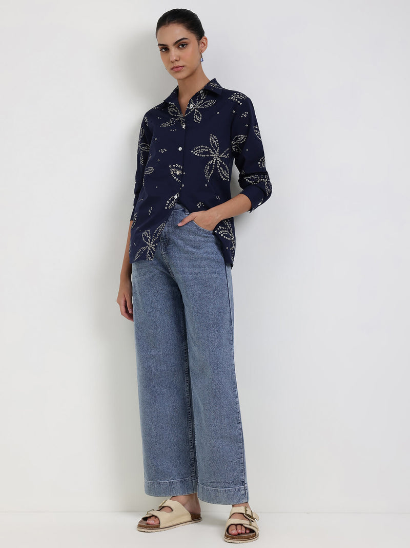 Cotton Bandhani Floral Shirt - Navy Blue