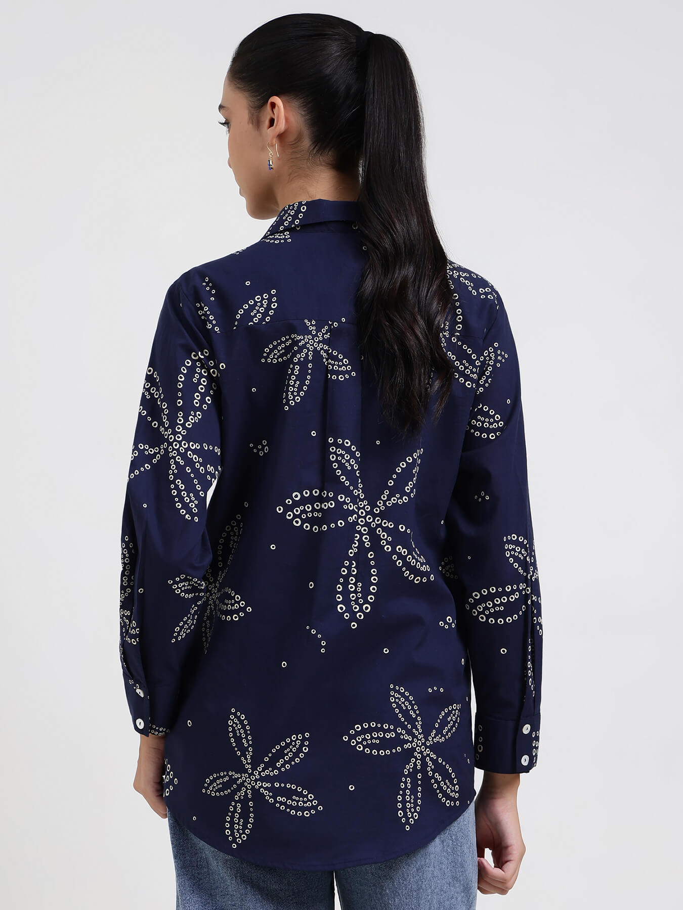 Cotton Bandhani Floral Shirt - Navy Blue