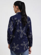 Cotton Bandhani Floral Shirt - Navy Blue