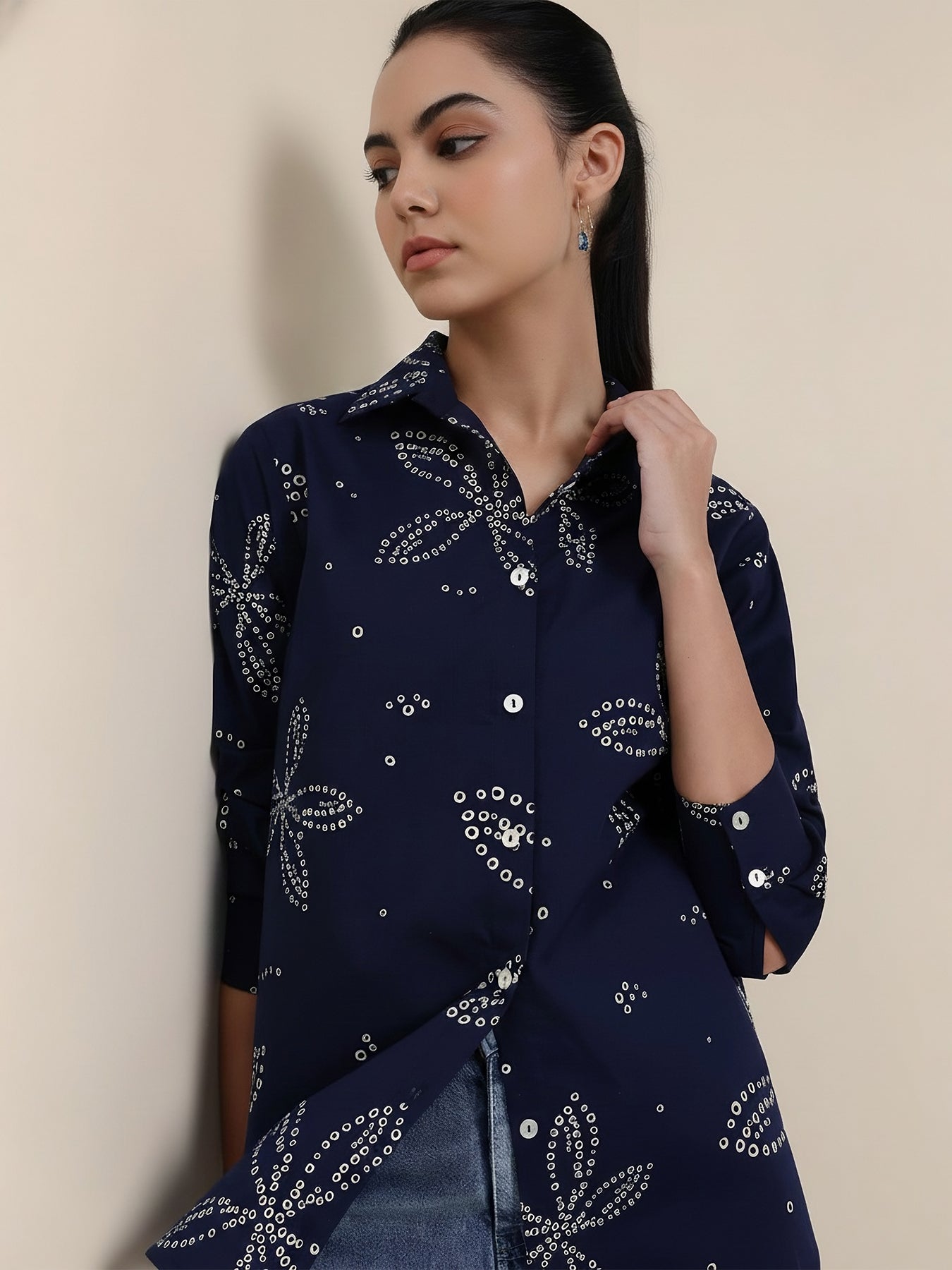 Cotton Bandhani Floral Shirt - Navy Blue