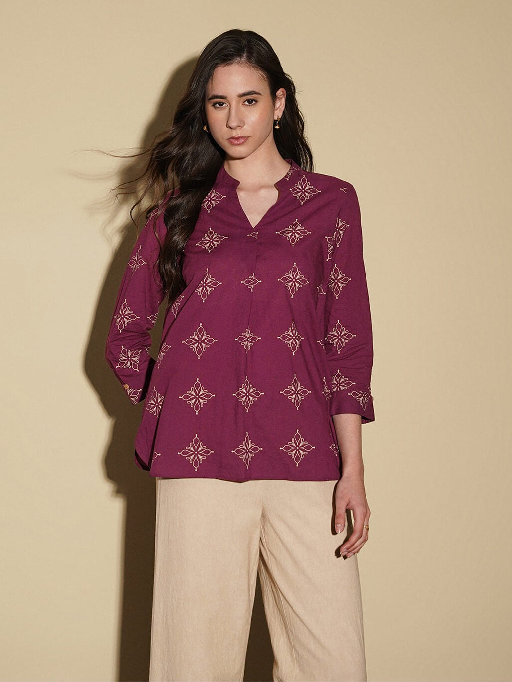 Cotton Floral Regular Top - Magenta