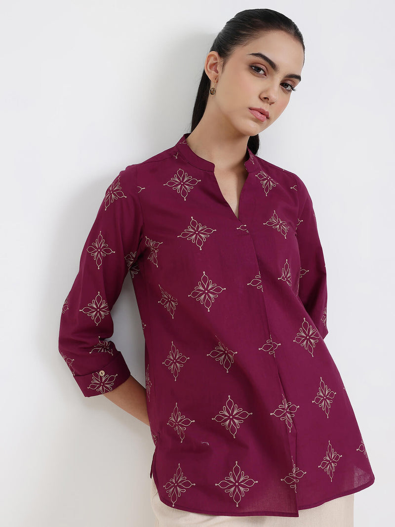 Cotton Floral Regular Top - Magenta