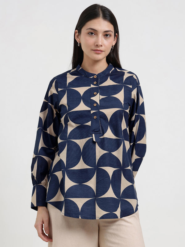 Cotton Geometric Top - Beige & Blue