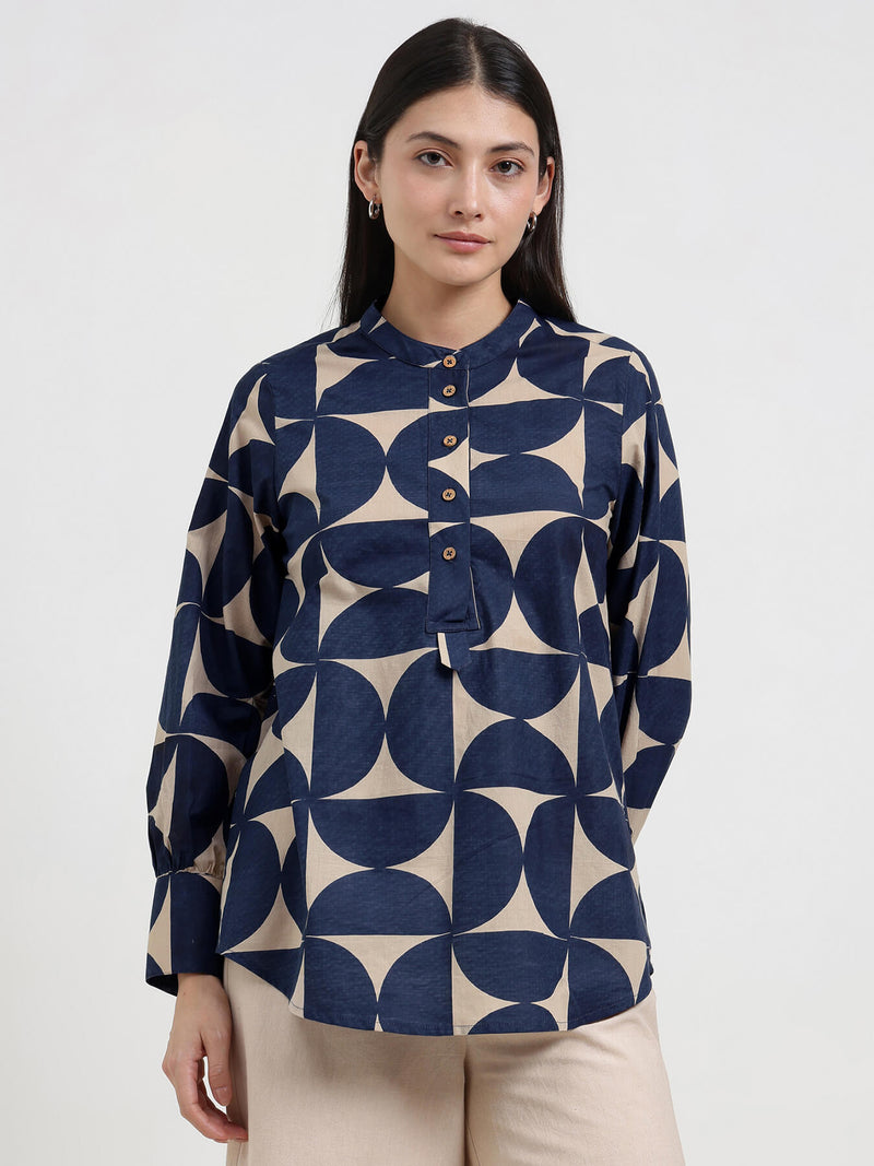 Cotton Geometric Top - Beige & Blue