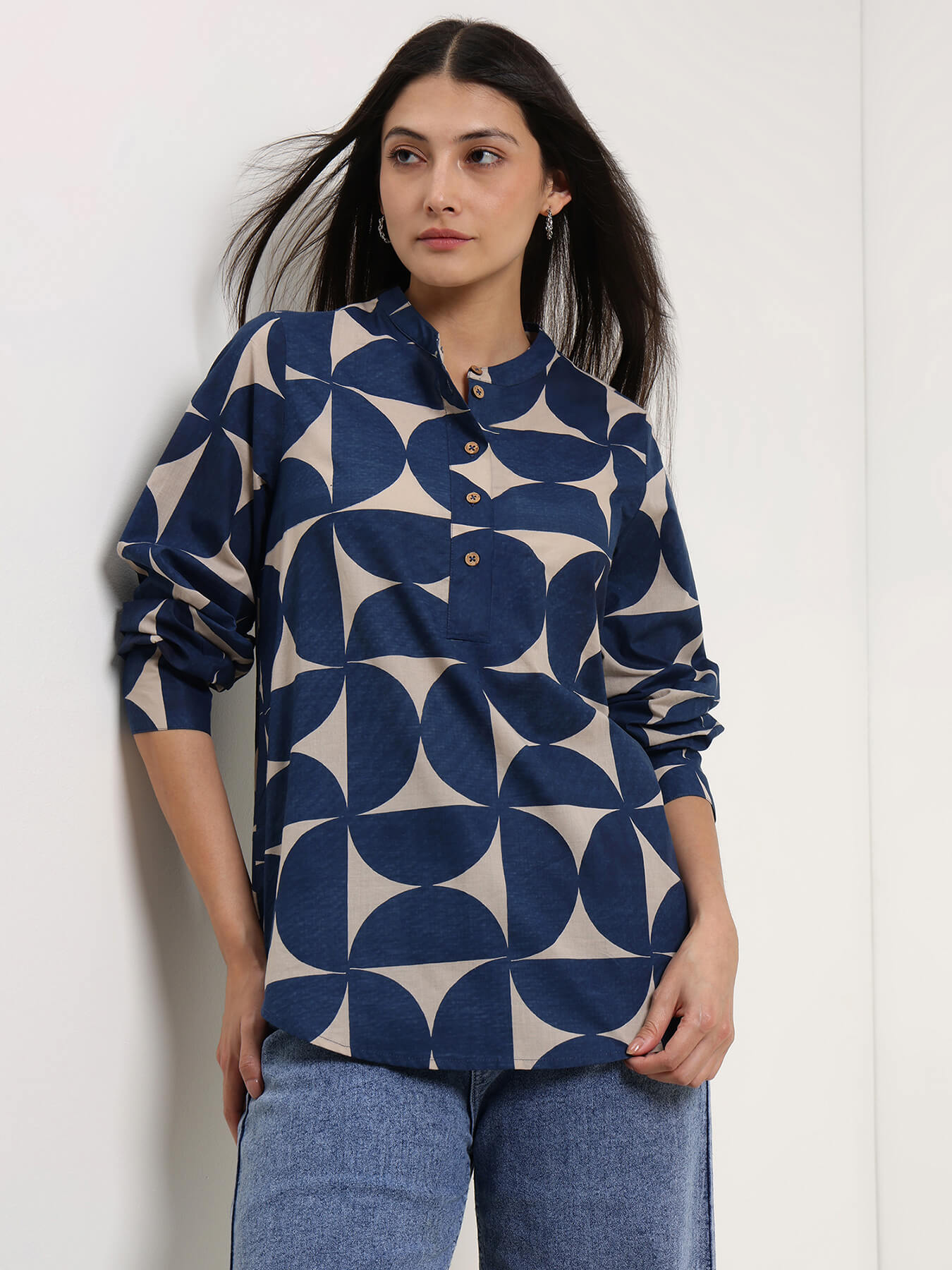Cotton Geometric Top - Beige & Blue