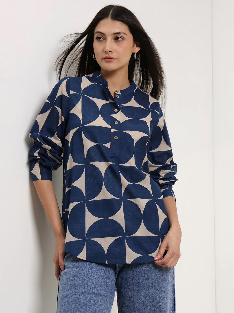 Cotton Geometric Top - Beige & Blue