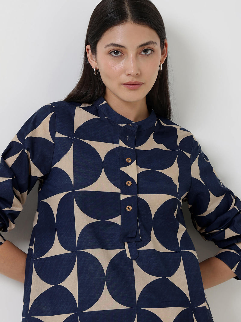 Cotton Geometric Top - Beige & Blue
