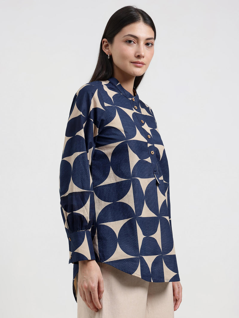 Cotton Geometric Top - Beige & Blue