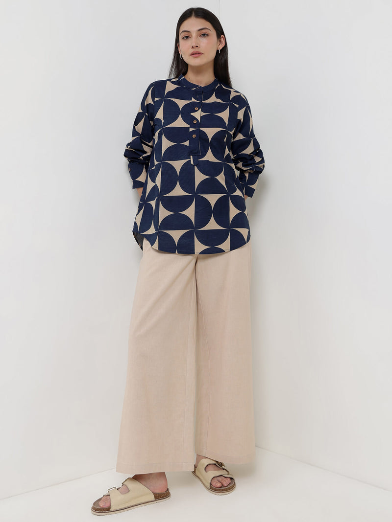 Cotton Geometric Top - Beige & Blue