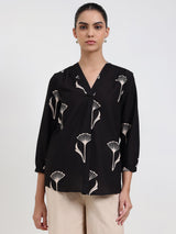 Cotton Floral Regular Top - Black