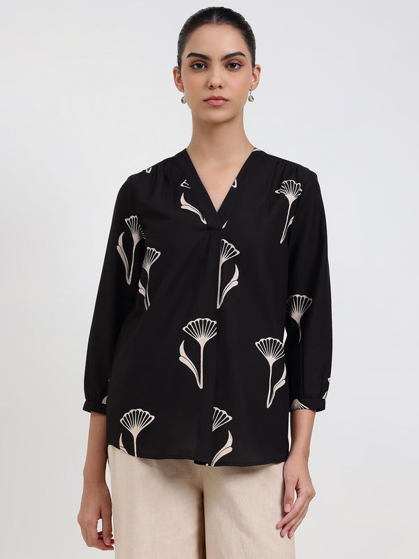 Cotton Floral Regular Top - Black