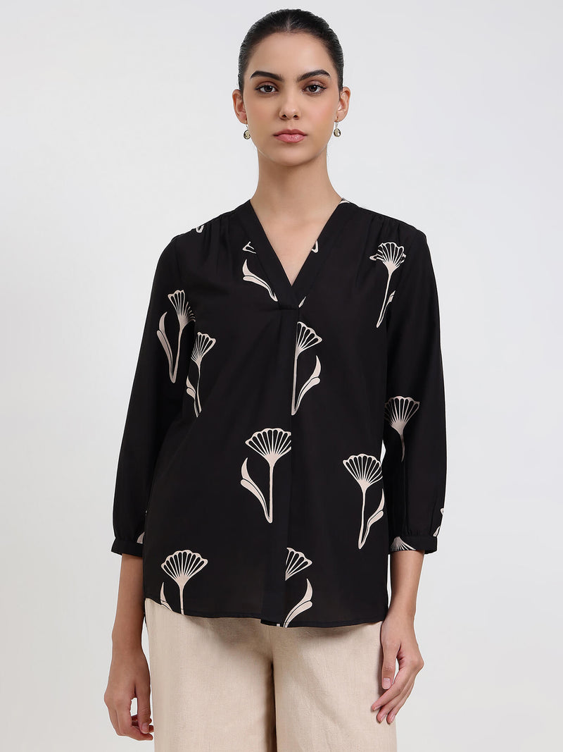 Cotton Floral Regular Top - Black