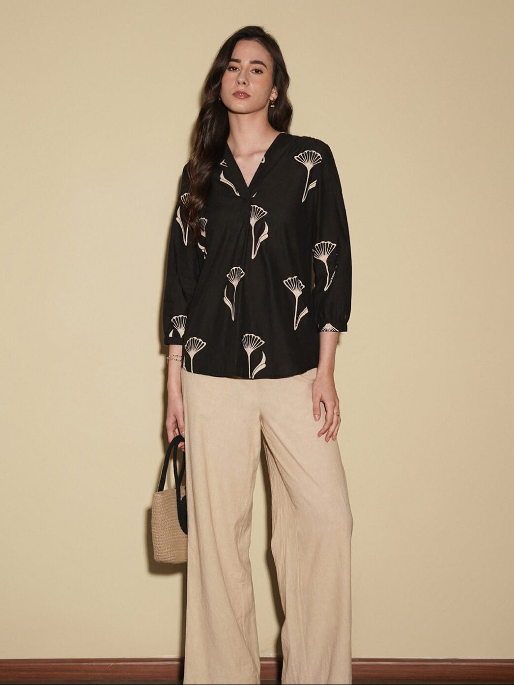 Cotton Floral Regular Top - Black