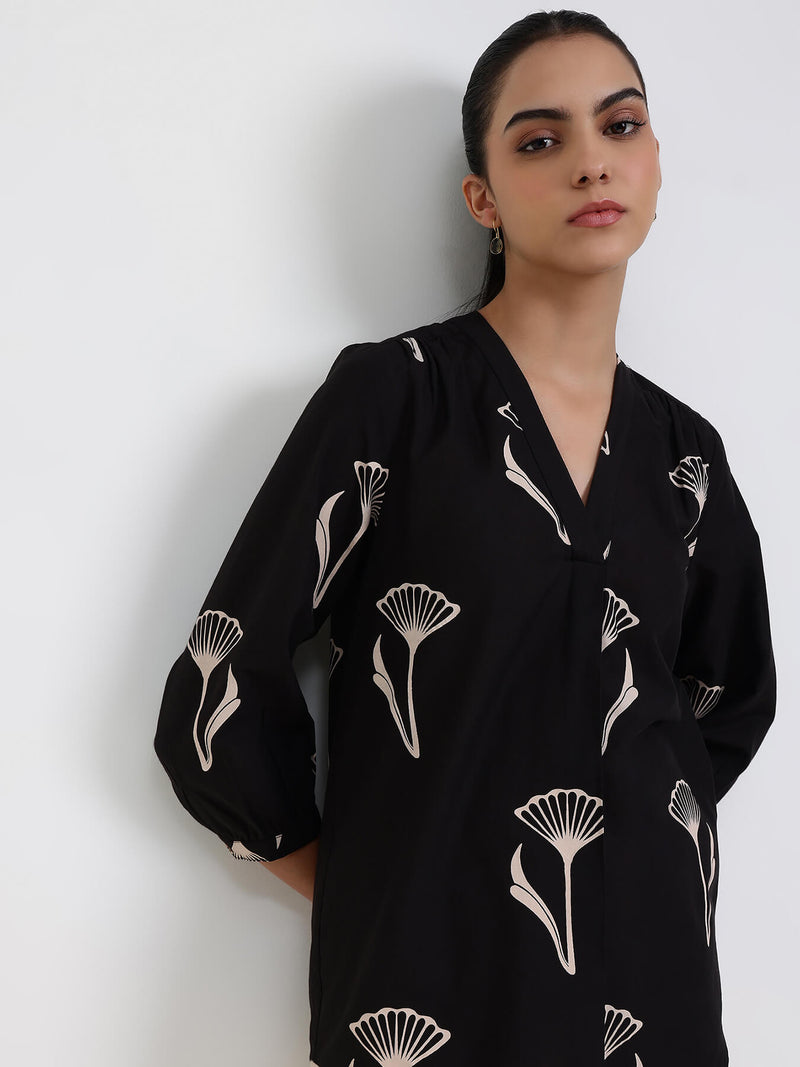 Cotton Floral Regular Top - Black