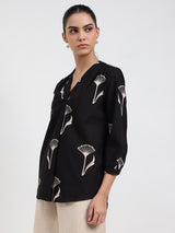 Cotton Floral Regular Top - Black