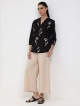 Cotton Floral Regular Top - Black