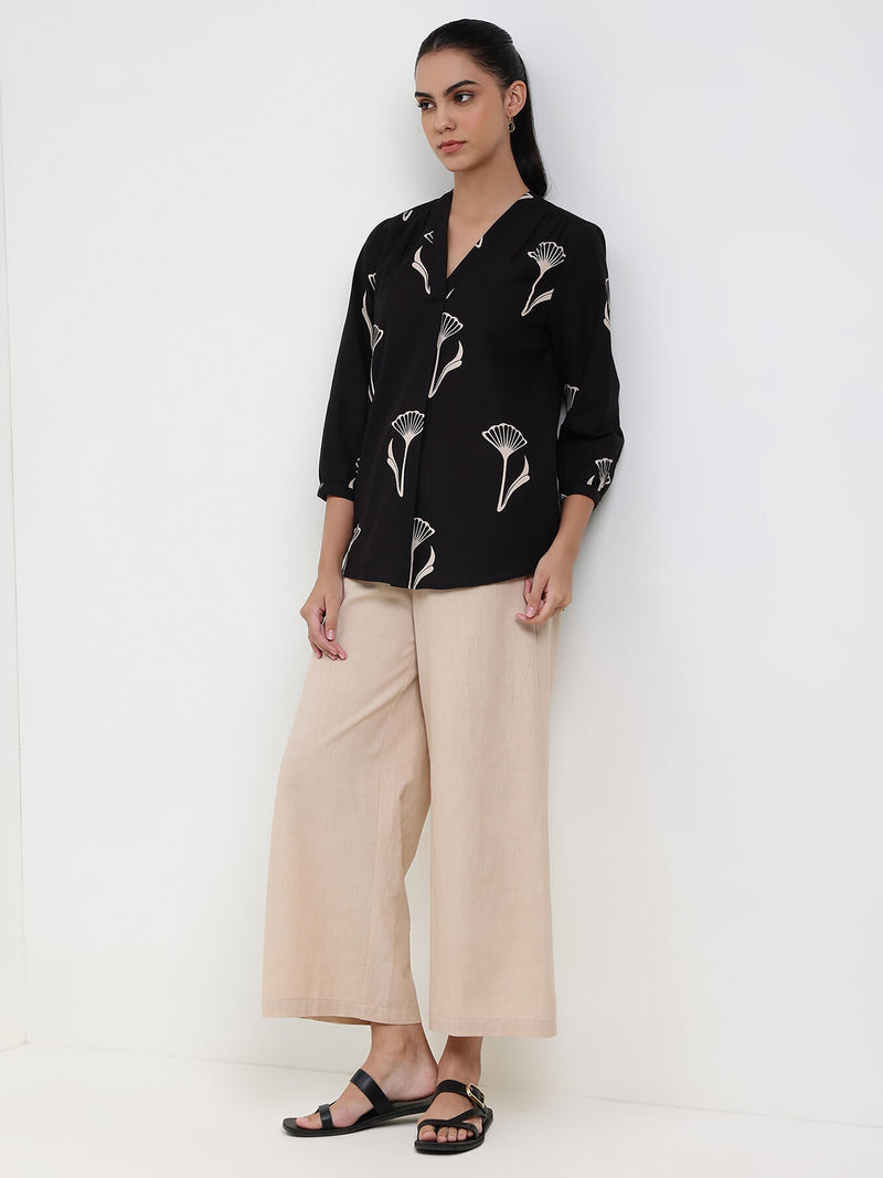 Cotton Floral Regular Top - Black