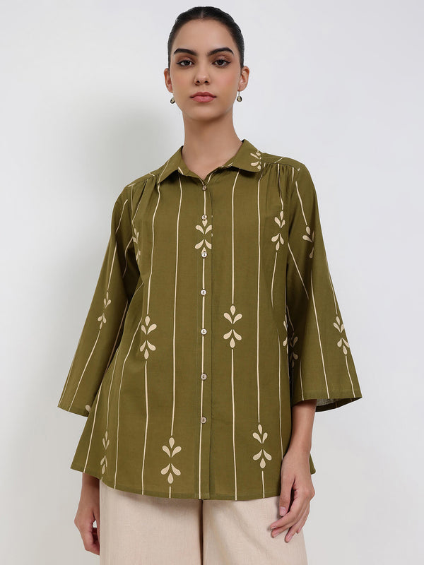 Cotton Abstract Shirt Collar Top - Green