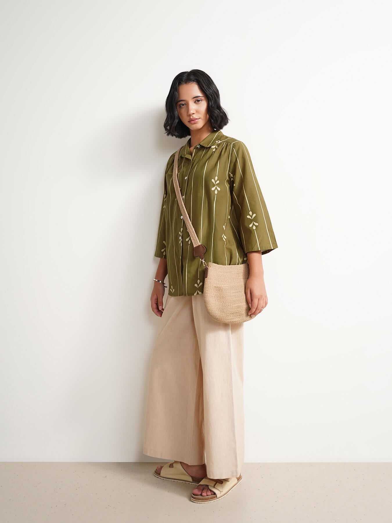 Cotton Abstract Shirt Collar Top - Green