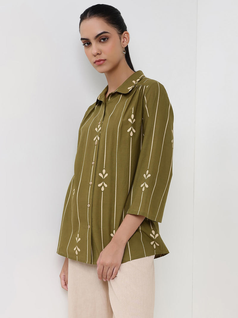 Cotton Abstract Shirt Collar Top - Green