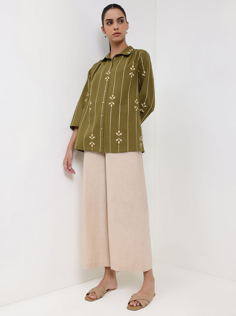 Cotton Abstract Shirt Collar Top - Green