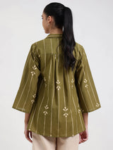 Cotton Abstract Shirt Collar Top - Green