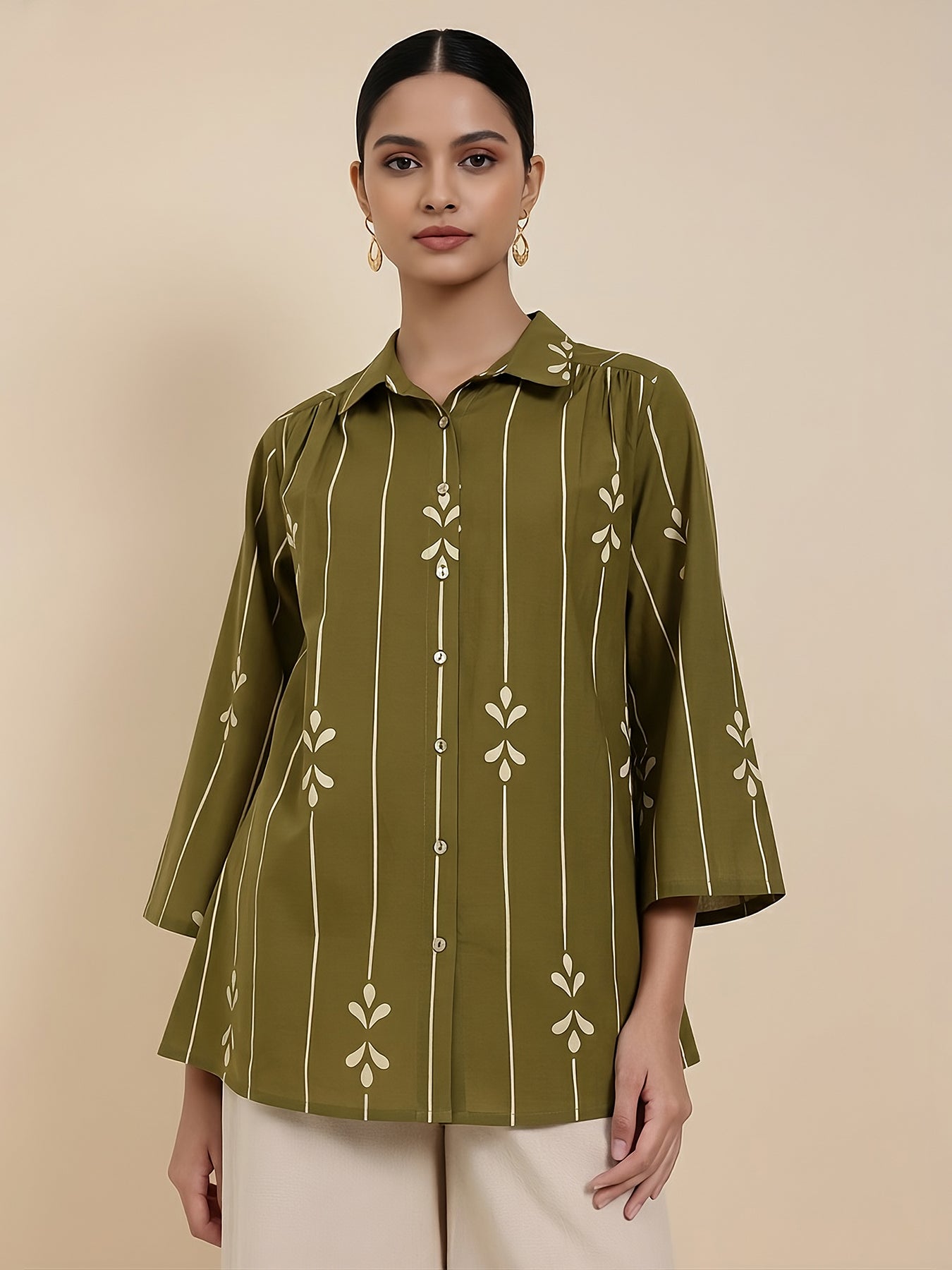 Cotton Abstract Shirt Collar Top - Green