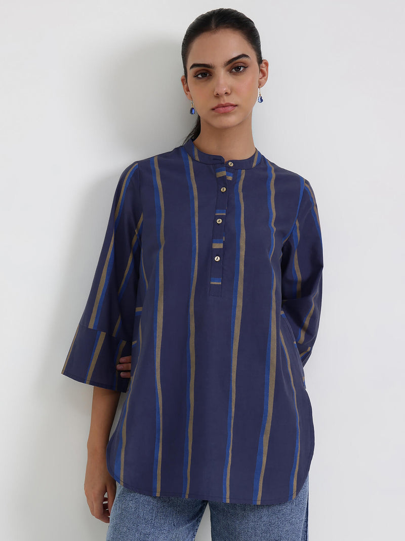Cotton Striped Regular Top - Blue