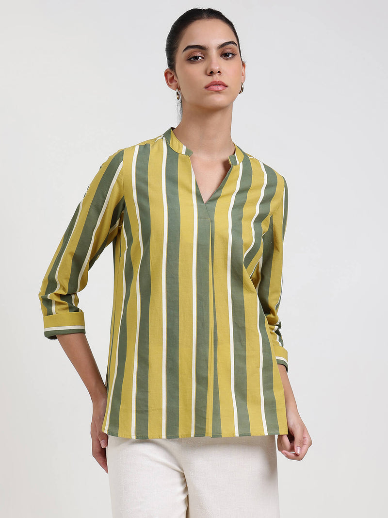 Cotton Striped Regular Top - Green