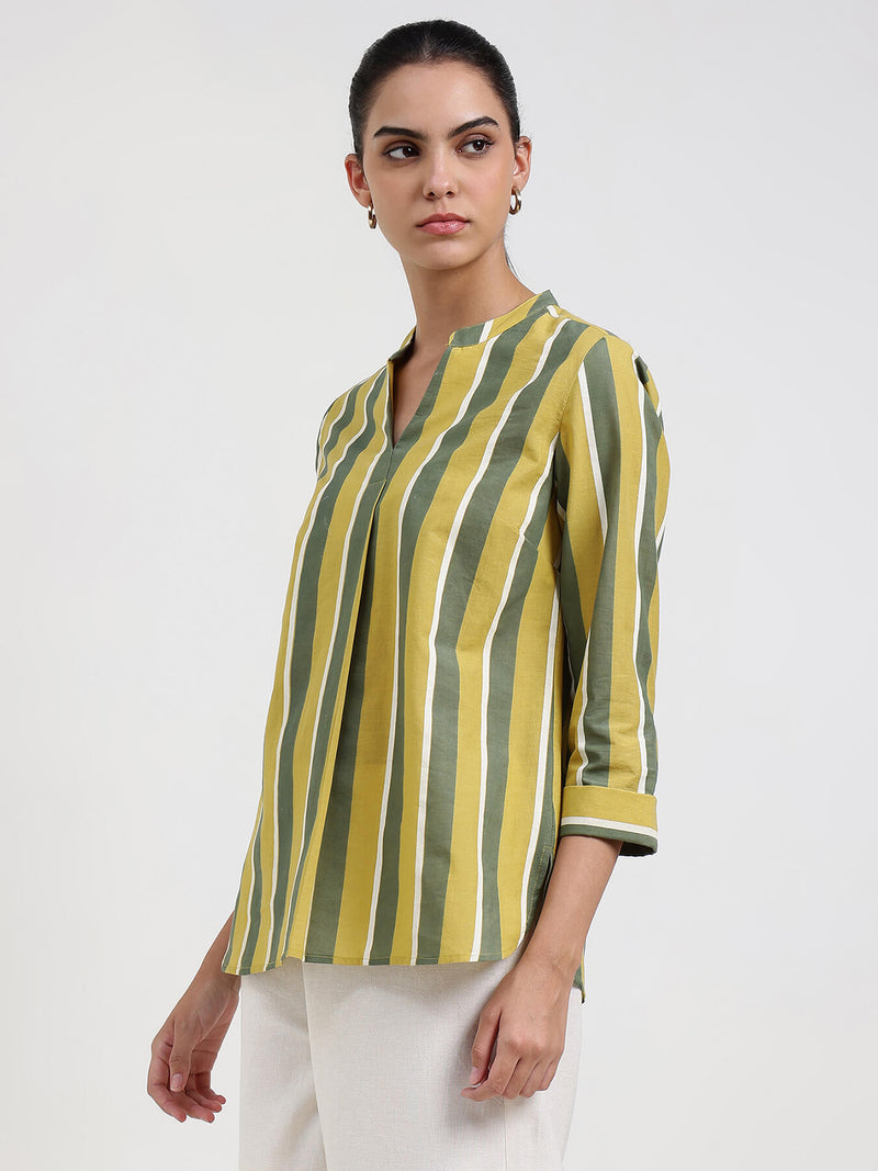 Cotton Striped Regular Top - Green
