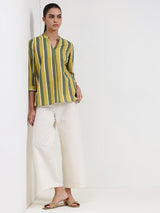 Cotton Striped Regular Top - Green