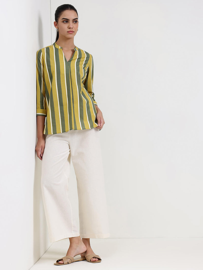 Cotton Striped Regular Top - Green