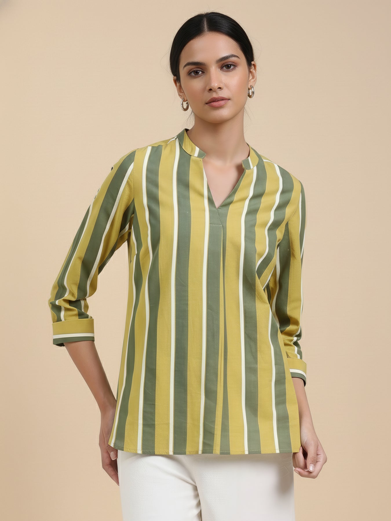 Cotton Striped Regular Top - Green